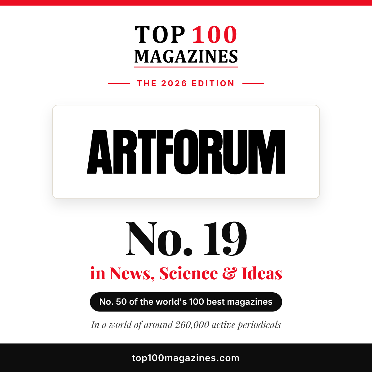 Artforum, No. 19 in News, Science & Ideas and No. 50 overall in the Top 100 Magazines 2026