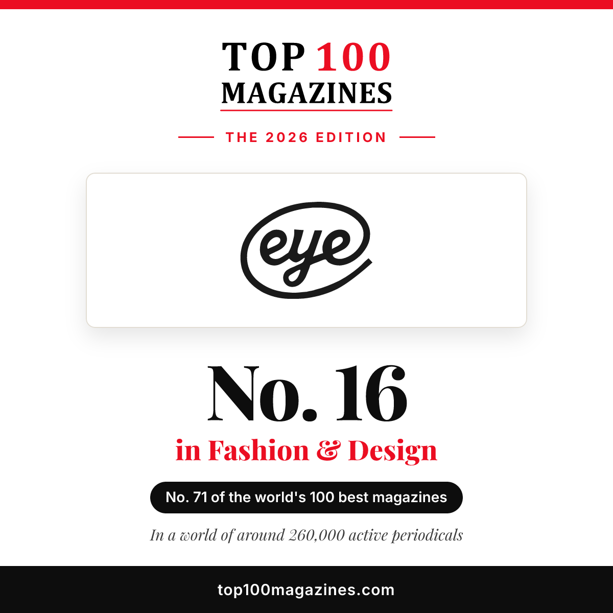 Eye, No. 16 in Fashion & Design and No. 71 overall in the Top 100 Magazines 2026