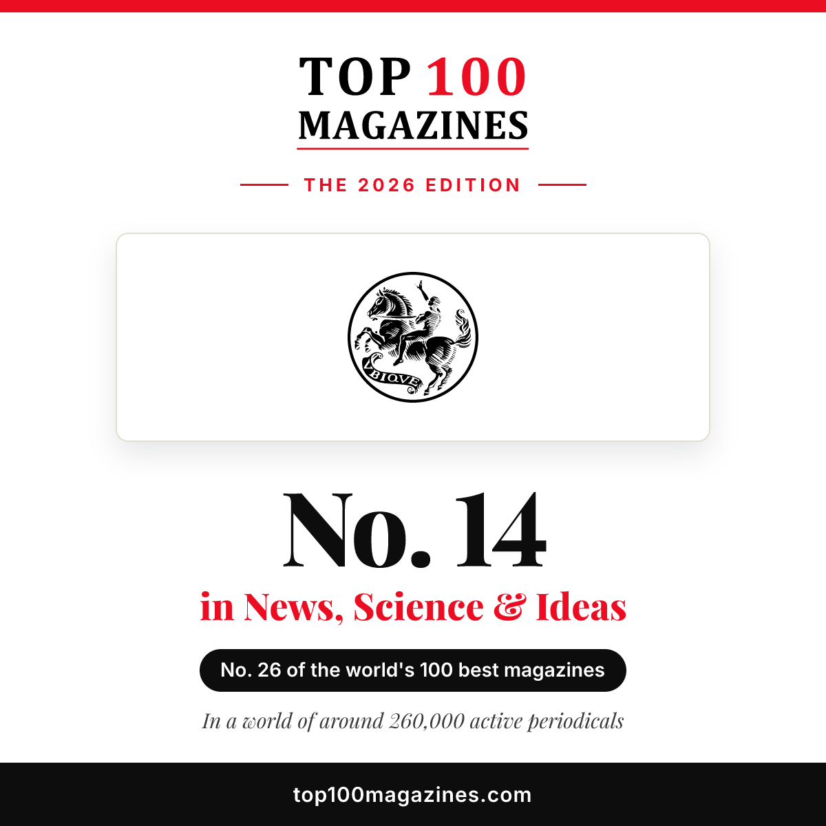 Foreign Affairs, No. 14 in News, Science & Ideas and No. 26 overall in the Top 100 Magazines 2026