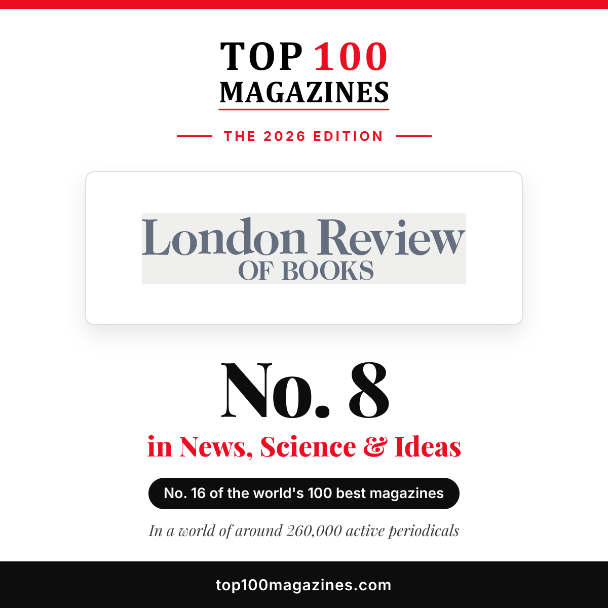 London Review of Books, No. 8 in News, Science & Ideas and No. 16 overall in the Top 100 Magazines 2026
