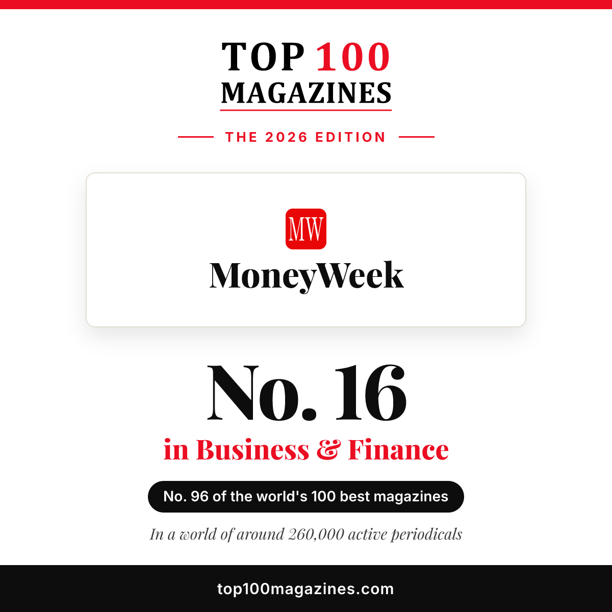 MoneyWeek, No. 16 in Business & Finance and No. 96 overall in the Top 100 Magazines 2026