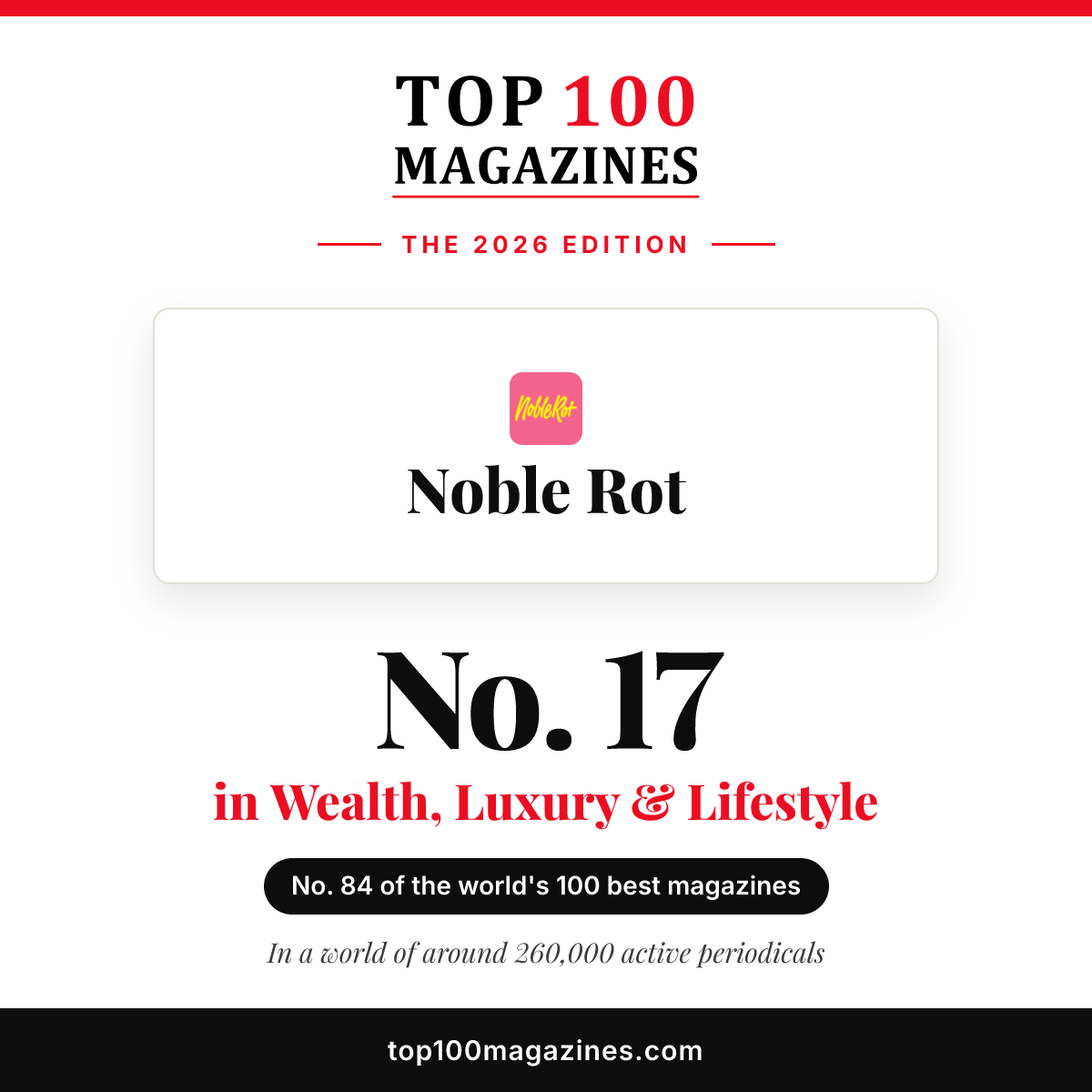 Noble Rot, No. 17 in Wealth, Luxury & Lifestyle and No. 84 overall in the Top 100 Magazines 2026