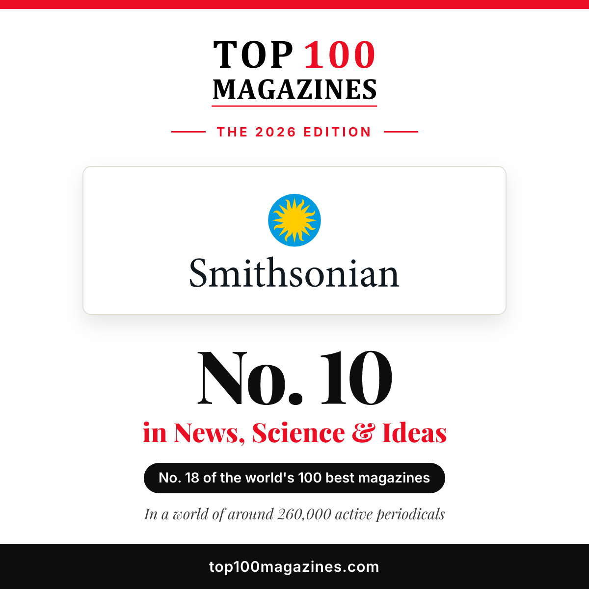 Smithsonian, No. 10 in News, Science & Ideas and No. 18 overall in the Top 100 Magazines 2026