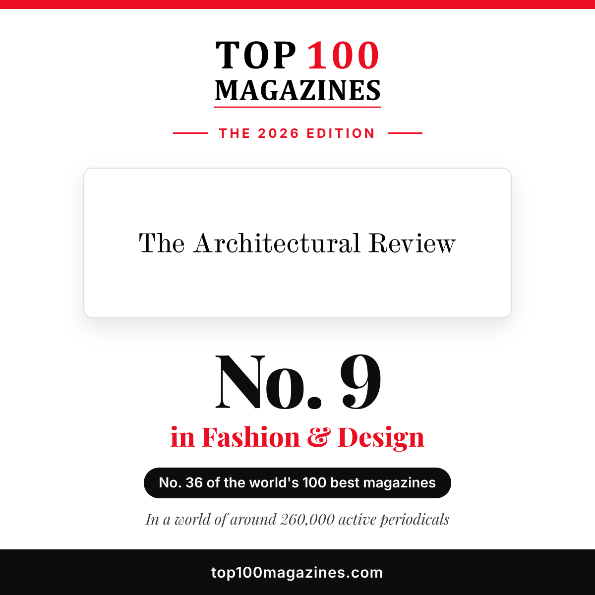 The Architectural Review, No. 9 in Fashion & Design and No. 36 overall in the Top 100 Magazines 2026