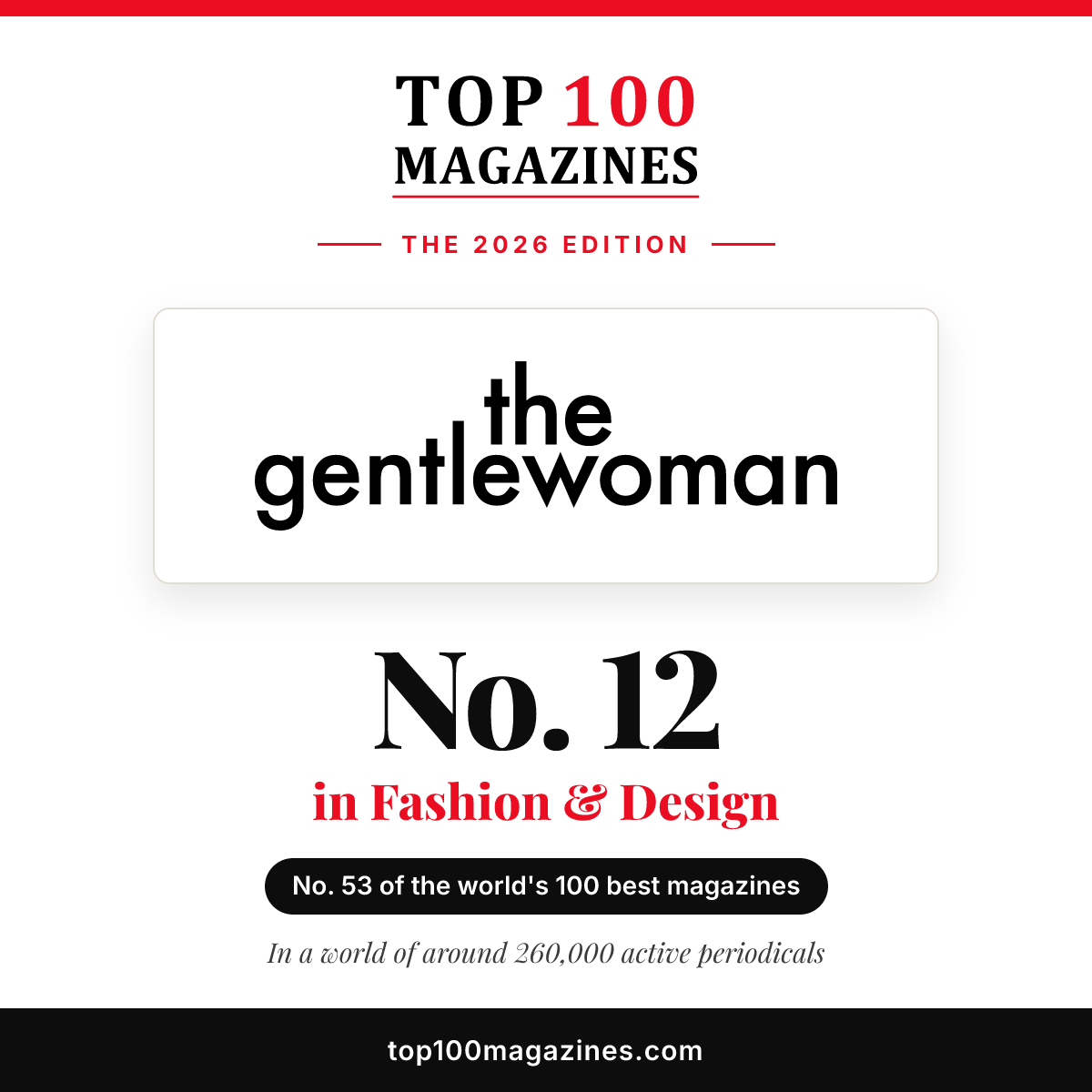 The Gentlewoman, No. 12 in Fashion & Design and No. 53 overall in the Top 100 Magazines 2026