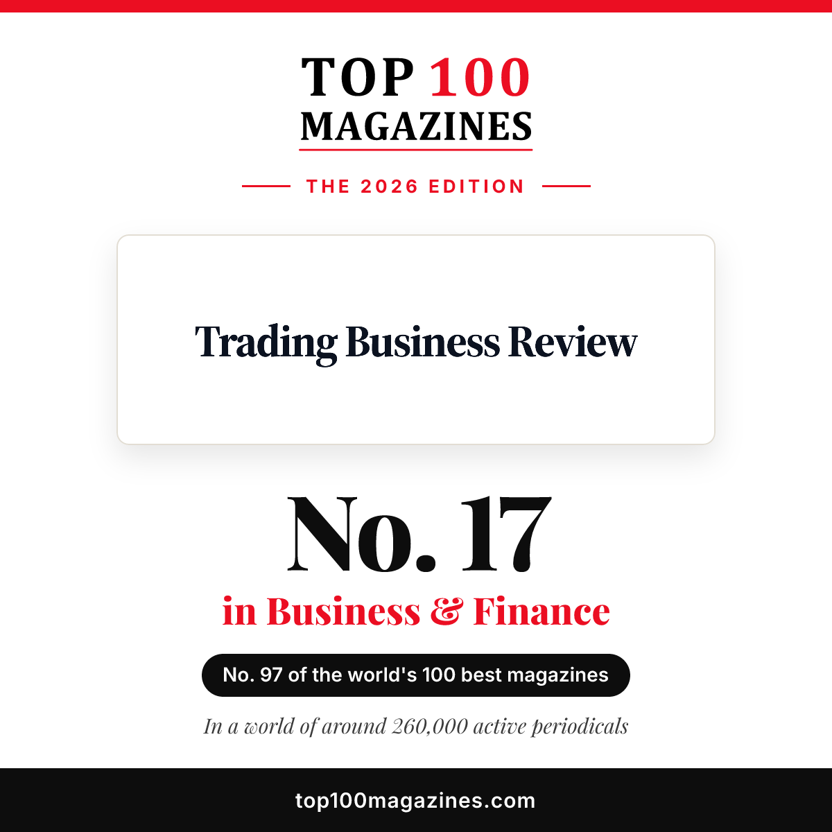 Trading Business Review, No. 17 in Business & Finance and No. 97 overall in the Top 100 Magazines 2026
