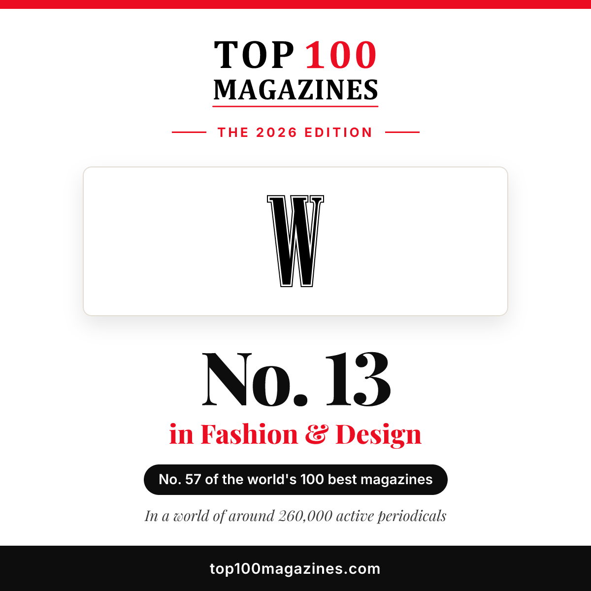 W Magazine, No. 13 in Fashion & Design and No. 57 overall in the Top 100 Magazines 2026